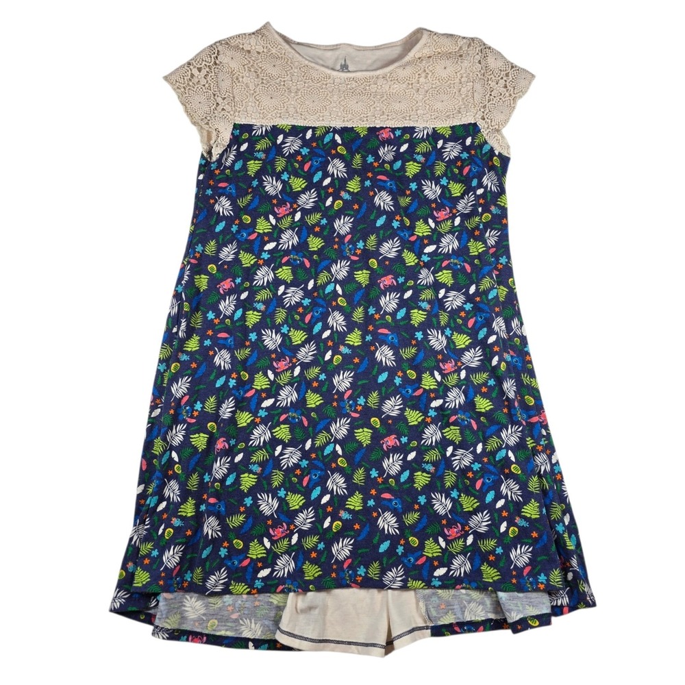 Disney Parks Lilo & Stitch Tropical Blue Floral AOP Cotton Shirt Dress Girls XL